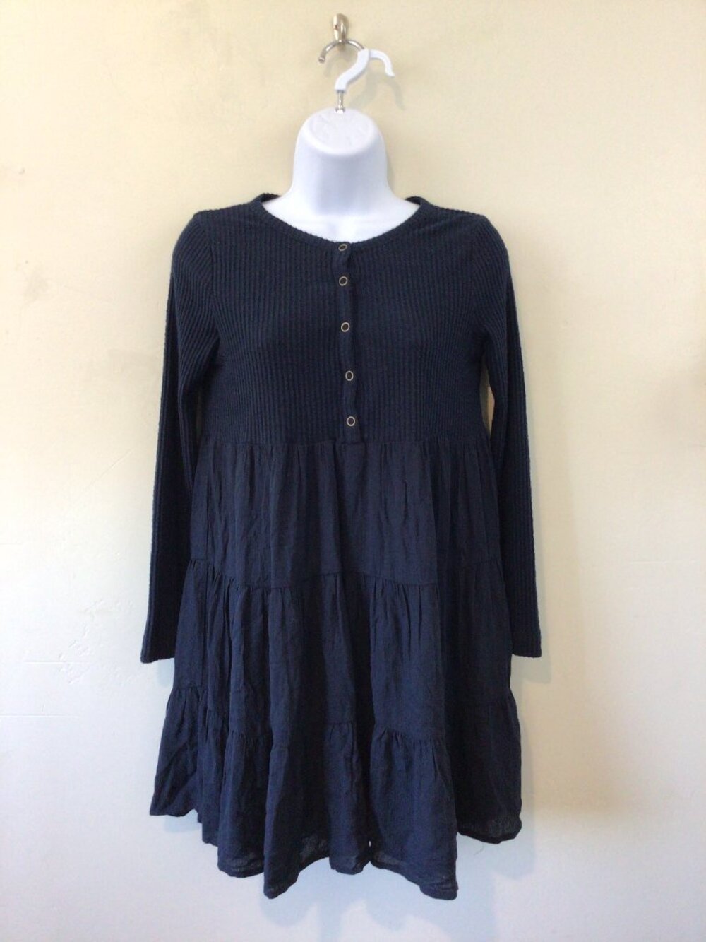 Harper Heritage Navy Blue Ribbed Top Tiered Bottom Long SLeeve Baby Doll Dress